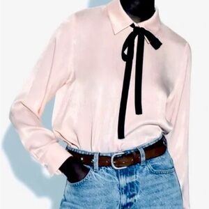 Zara Pink Satin Blouse with Black Tie